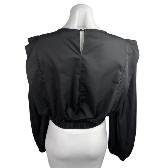 Missguided Women's Black Silky Satin Ruffle Flutter Sleeve Crop Blouse Top 10 - Picture 2 of 4